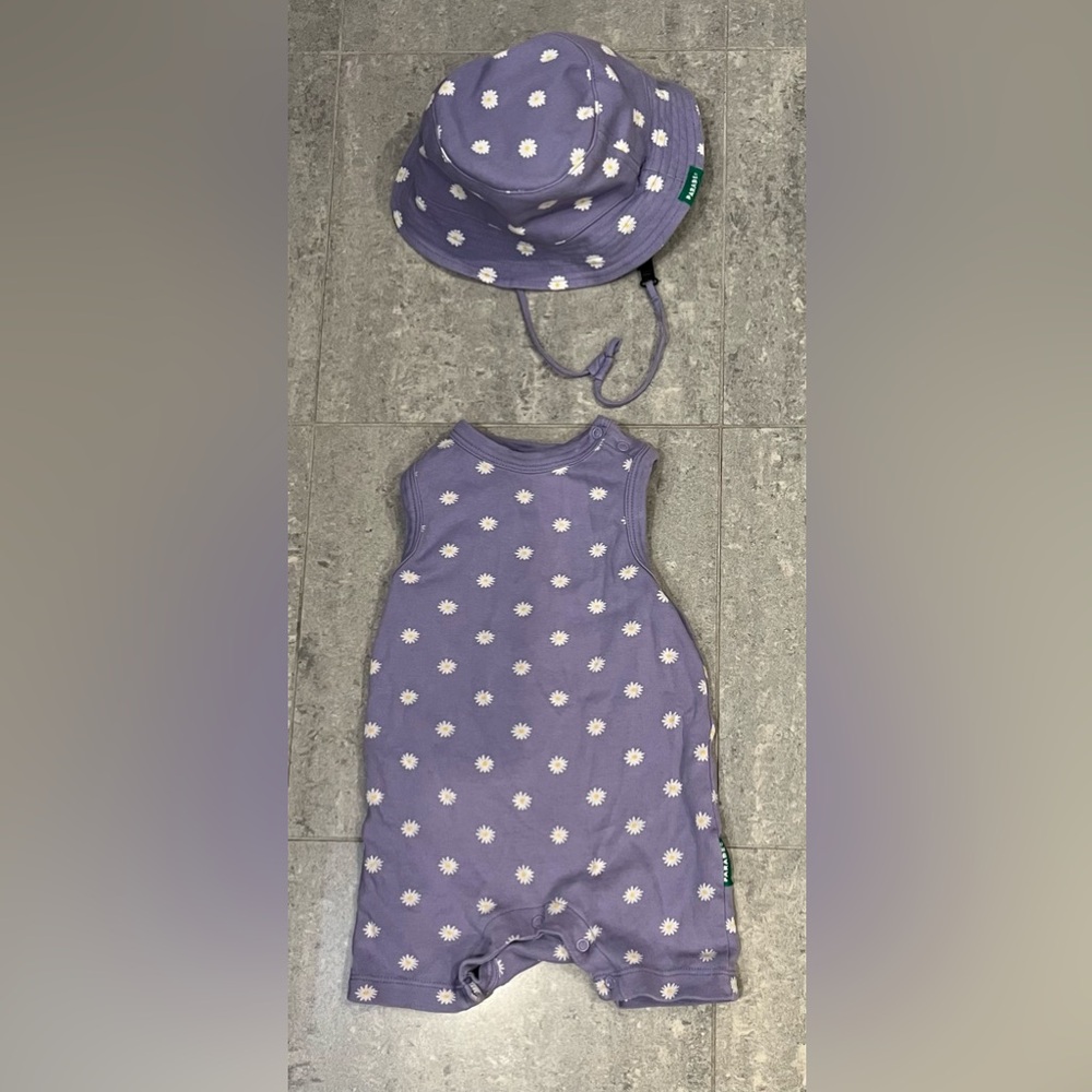Purple Baby Romper with Daisy Print and matching Bucket Hat